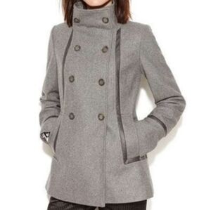 Calvin Klein Wool Jacket Faux Leather Trim Double Breasted Military Pea Coat